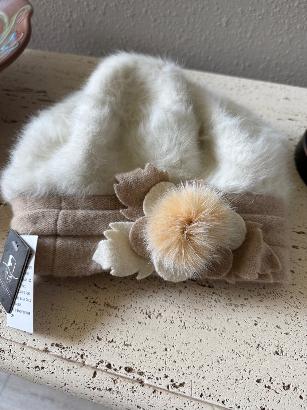 Elegant Cream & Tan Faux Fur Pom Beanie - Women's Hat